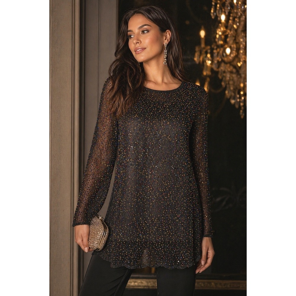 Adrianna Papell Black Confetti Beaded Silk Tunic Top Size S Vtg 90s Retro Glam